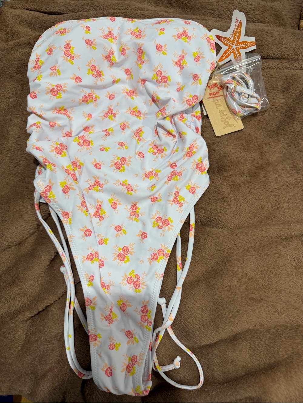Women’s Floral Tie-Side Swim Bodysuit - White with Pink & Yellow Roses